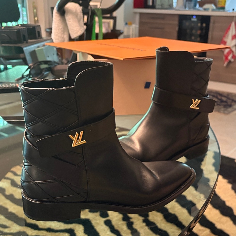 Louis Vuitton Black Ankle Boots with Gold Hardware